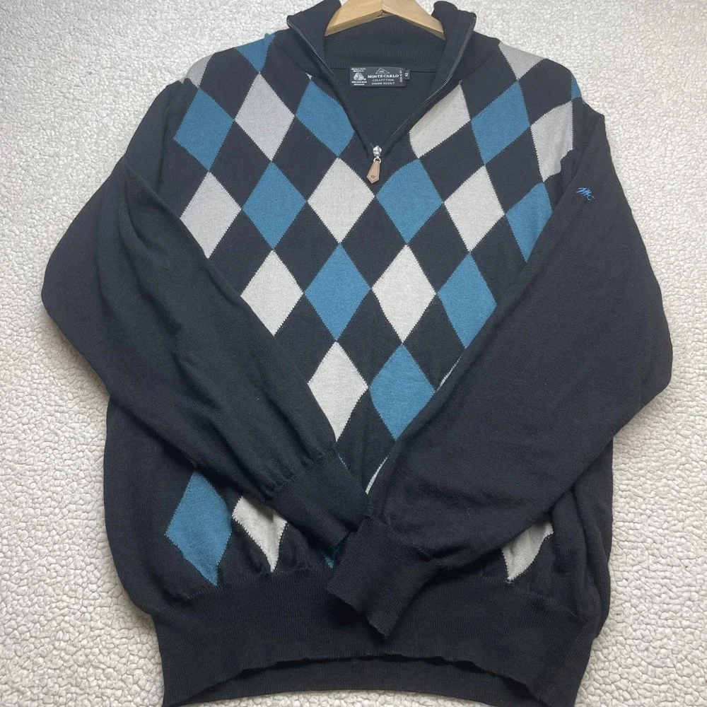 Monte Carlo Sweater Mens 42 Black Argyle Quarter Zip Wool Mock Neck Pullover